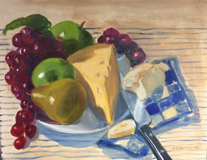 Wine and Cheese.  Cheese plate, oil painting by Arline Corcoran of Danbury, CT 