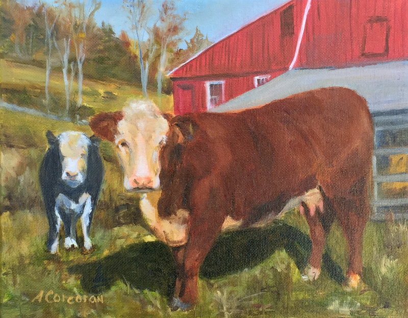 “Meeting the Ladies”, oil painting of Ferris Farm cows by Arline Corcoran, Danbury, CT.