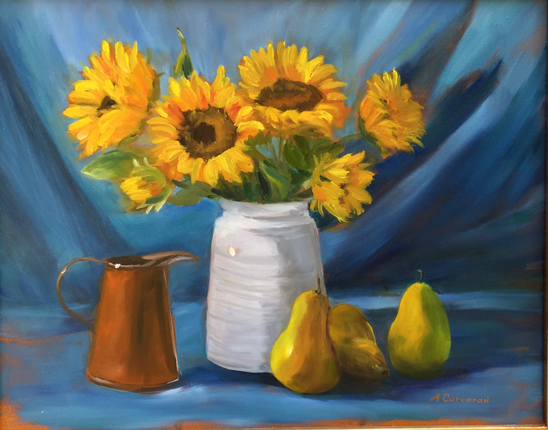 “Sunflowers in White Crock”, oil painting by Arline Corcoran, Danbury, CT.
