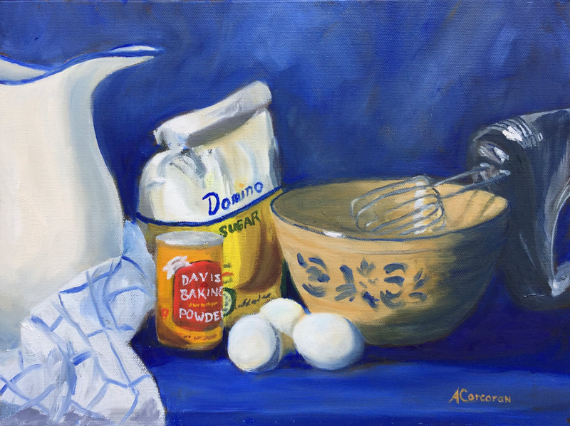 “Baking Day”.  Oil painting of ceramic bowl with baking ingredients by Arline Corcoran, Danbury, CT.