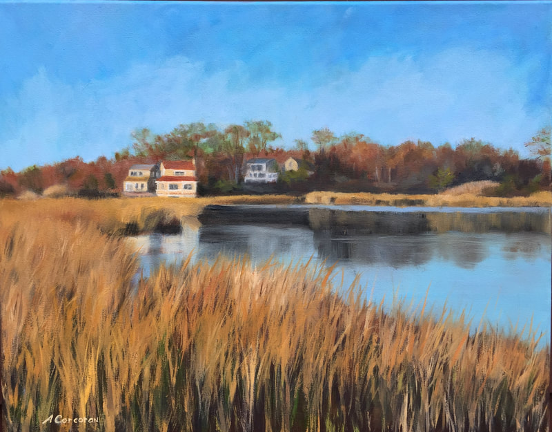“Shoreline Marsh”, oil painting of East Haven, CT scene by Arline Corcoran, Danbury, CT.