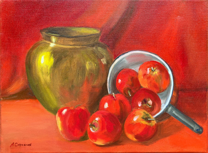 Brass Pot with Apples, oil painting by Arline Corcoran of Danbury, CT