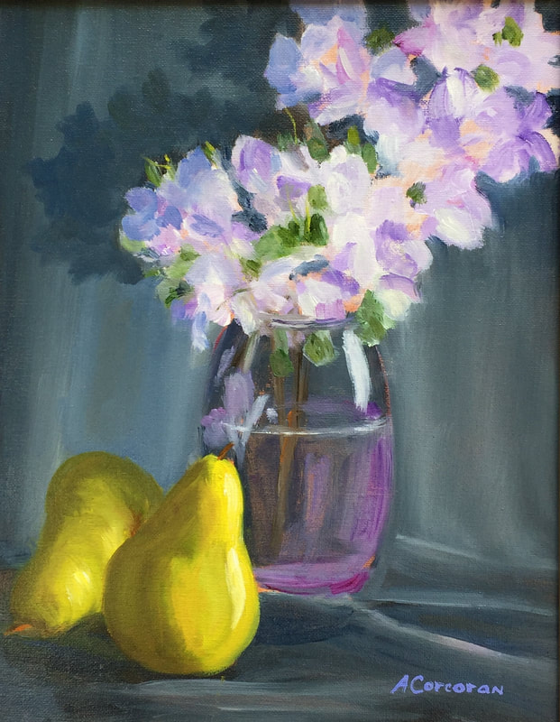 “Purple and Pear”.  Soft lavender flowers in purple glass vase oil painting by Arline Corcoran, Danbury, CT.
