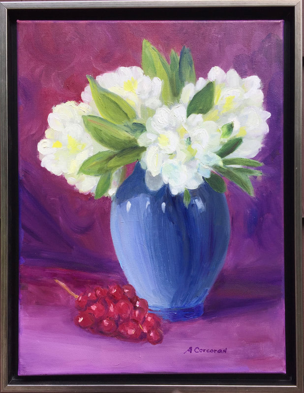 “Rhododendron”, still life of white blossoms in blue vase on purple background by Arline Corcoran, Danbury, CT.