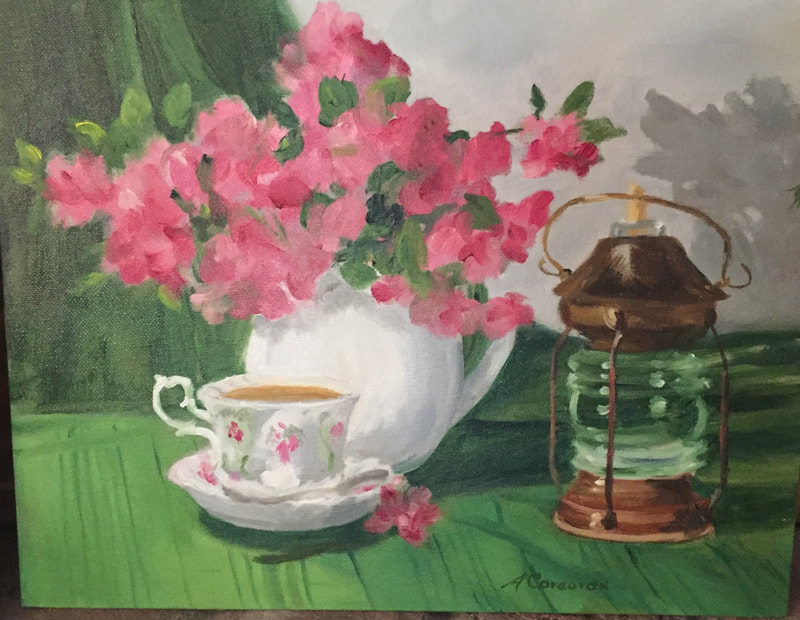 “Azaleas and Tea”, oil painting by Arline Corcoran, Danbury, CT