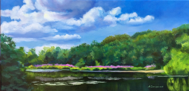 “By the River”, oil painting of Blackstone River, RI by Arline Corcoran, Danbury, CT.