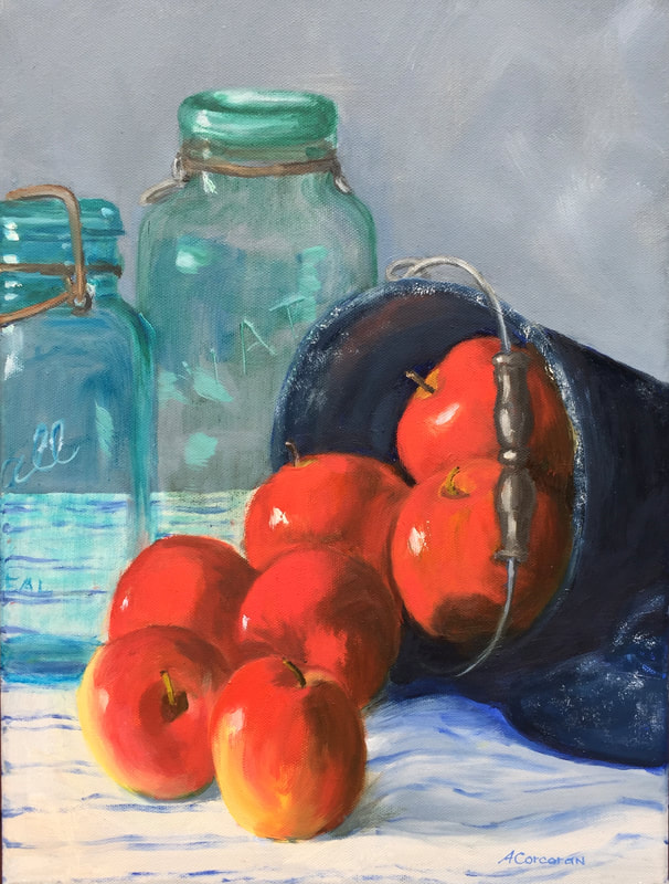 “Pail of Apples”, Still life oil painting by Arline Corcoran of Danbury, CT.