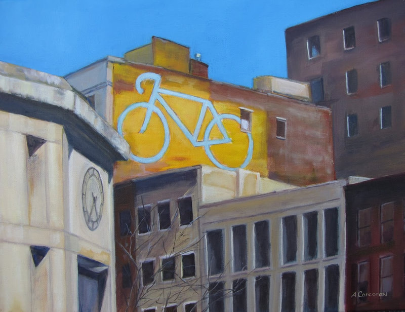 "Bicycle", New York City scene.  Oil painting by Arline Corcoran, Danbury, CT