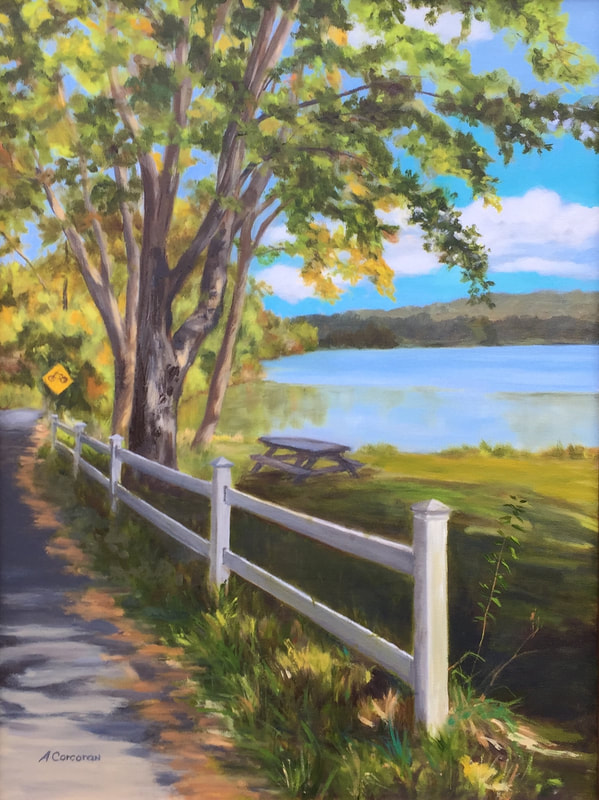 “View of Lake Waramaug “,  Oil painting of Lake Waramaug, New Preston,  CT by Arline Corcoran, Danbury, CT.