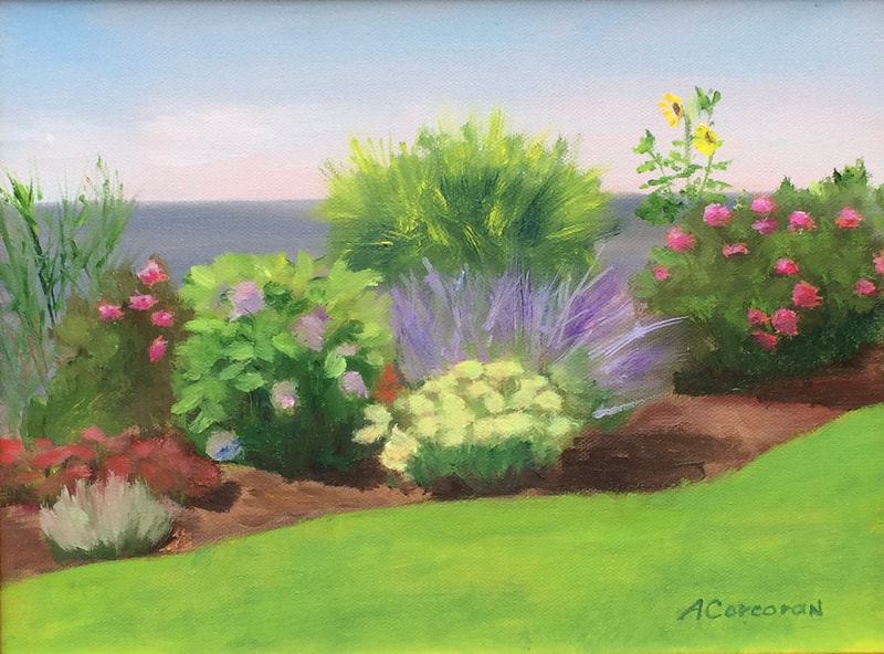 “Garden by the Sea”, oil painting of Owenego Beach Club garden, Branford, CT by Arline Corcoran, Danbury. CT.