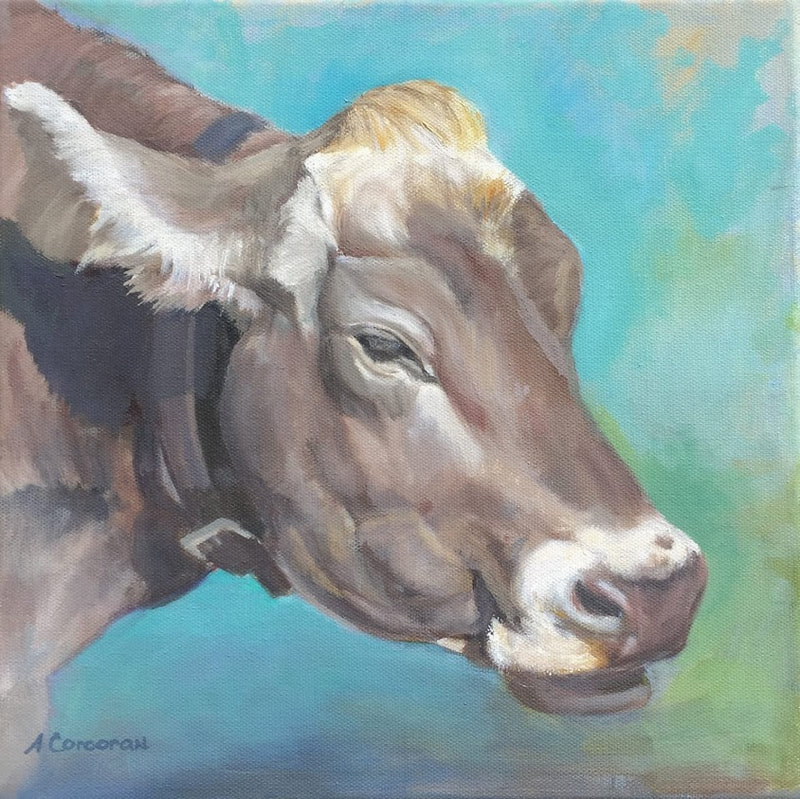 "Cow Portrait 1", Taupe colored head of a New Pond Farm cow.  Oil painting by Arline Corcoran, Danbury, CT