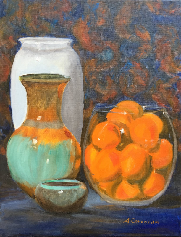 “Bowl of Oranges”. Oil painting of still life with turquoise, white, and deep blue by Arline Corcoran, Danbury, CT.