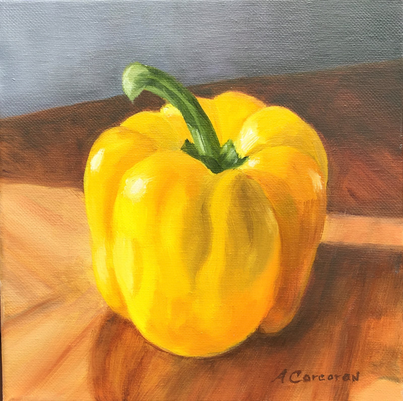“One Big Pepper”, oil painting of yellow pepper by Arline Corcoran, Danbury,  CT.