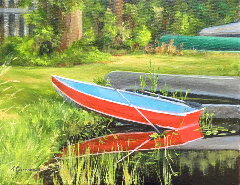 “Red Row Boat” oil painting. Y Arline Corcoran, Danbury, CT.