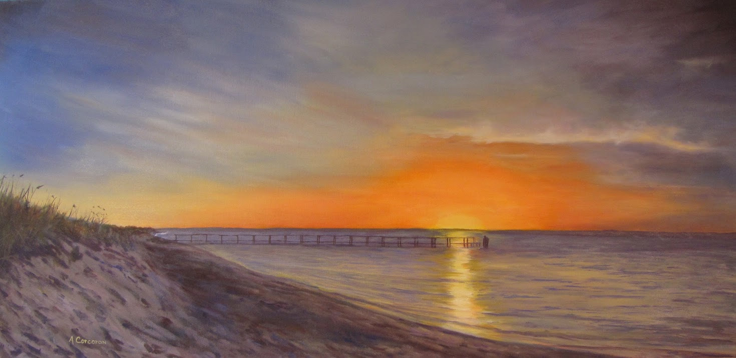 "Sunset on the Beach".  Topsail Island, NC.  Oil painting by Arline Corcoran, Danbury, CT