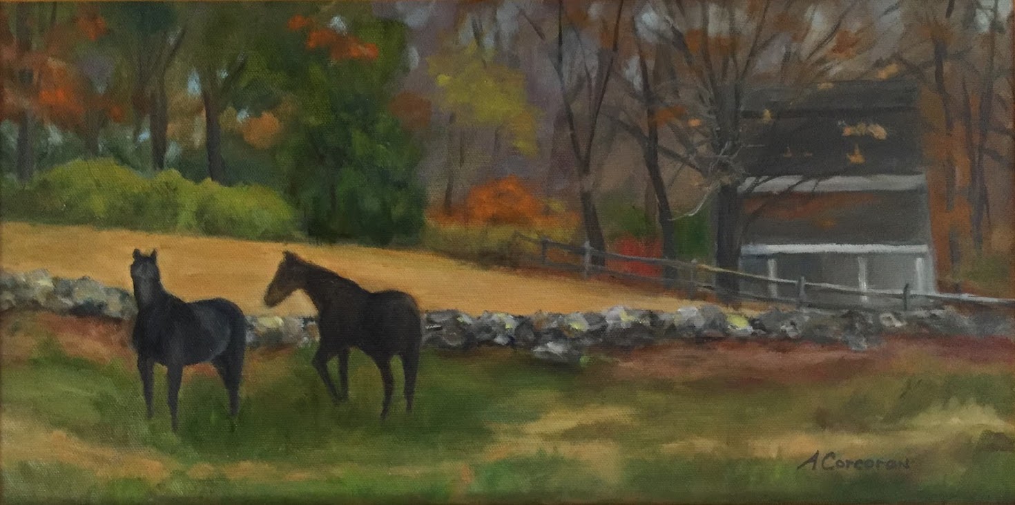 "Neighborhood Friends", two horses in autumn field.  Oil painting by Arline Corcoran, Danbury, CT
