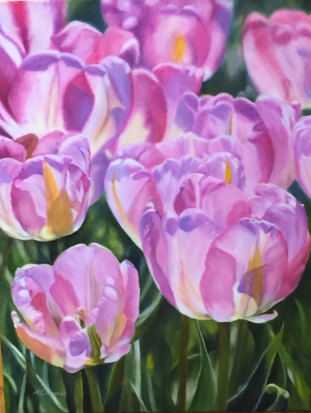 "Pink", Oil painting of pink tulips by Arline Corcoran, Danbury, CT