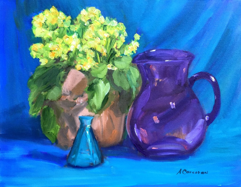 "Purple Pitcher", with yellow plant.  Oil painting by Arline Corcoran, Danbury, CT