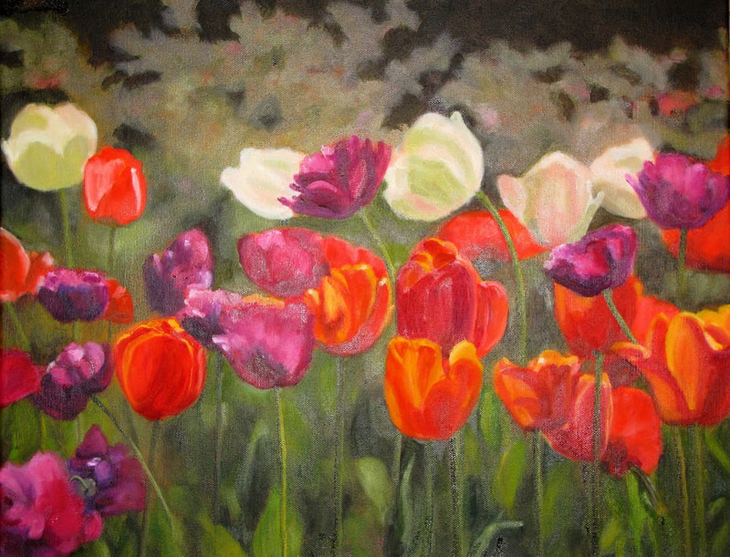 "Spring Blast", Garden of tulips in reds, purples, white, Oil painting by Arline Corcoran, Danbury, Ct