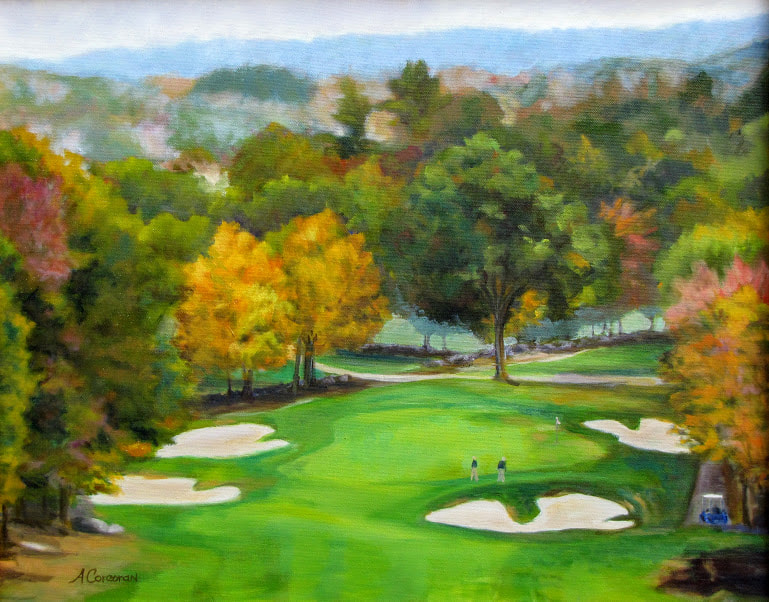 "The 14th Green", Richter Golf Course, Danbury, CT.  Oil painting by Arline Corcoran, Danbury, CT
