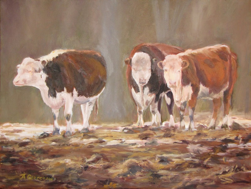 "Threesome", Three brown and white cows.  Oil printing by Arline Corcoran, Danbury, CT