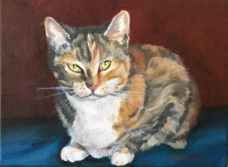 "Trouble", calico cat oil painting by Arline Corcoran, Danbury, CT