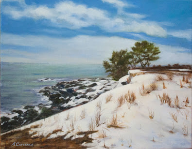 "Winter Coast", RI scene. Oil painting by Arline Corcoran, Danbury, CT